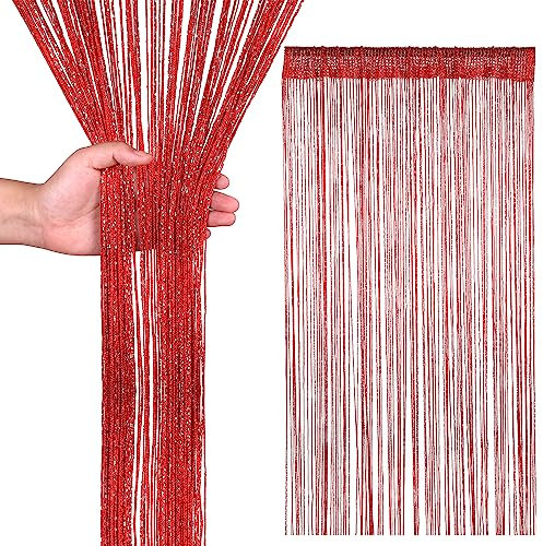 Trimming Shop String Curtains Glitter Fringe Panel Fly Screen Doorway Curtain Closet Window Doors Sequin Sheer Room Divider Tassel for Doorway, Windows, Home Decoration, 200cm x 90cm, Red