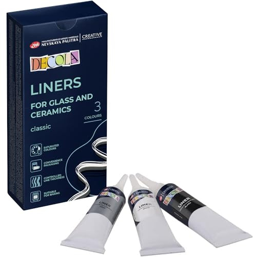 Decola Acrylic Lining, vattenbaserad 3 x 18 ml akryllinje för porslin och glas, färgerna vit, grå och svart, tillverkad av Neva Palette