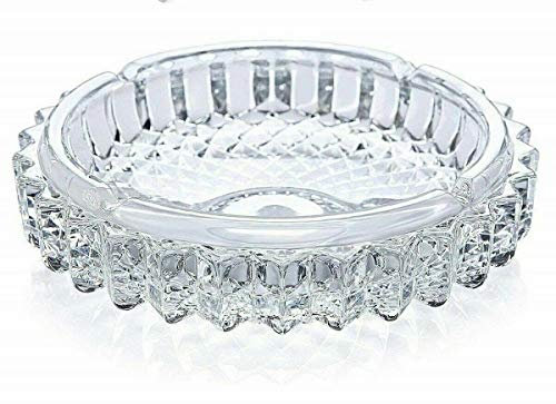 Heavy Duty Clear Glass Ashtray Round 20cm – Vintage Diamond Cut Patterned Crystal-Look Ash Tray for Cigarettes & Cigars – Thick Glass Smoking Dish for Home, Patio, Pub, or Bar (JR1200)