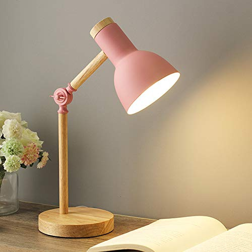 ChaoZan Lámparas de escritorio Lámpara de lectura LED en diseño clásico de madera, con brazos de madera giratorios,E27 estudio lámpara de trabajo,Cuarto,sala, lámpara de noche, rosa