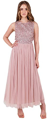 Maya Deluxe Midaxi Abito da Donna Senza Maniche Paillettes High Empire Waist Tulle Impreziosito per Matrimonio ospite Palla Vestito per Damigella d’Onore, Rosa Satinato, 50