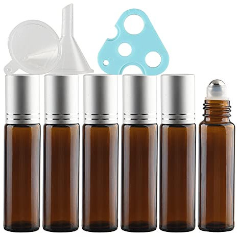 TIANZD 6 Stück Leere 10ml Braun Glas Roller Flaschen mit Silber Alu Schraubverschluss, Roll-On Glasflaschen mit Glasroller für Ätherische Öle Essential Oil mit Trichter Öffner