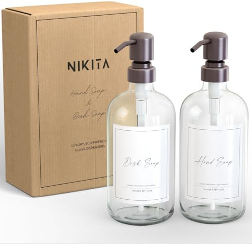 Clear Glass Soap Dispensers - Silver Stainless Steel Pump - Dish Soap Dispenser for Kitchen - 500ml Glass Bottle Pump - Dish Soap Hand Soap dispenser Set - Waterproof Labels