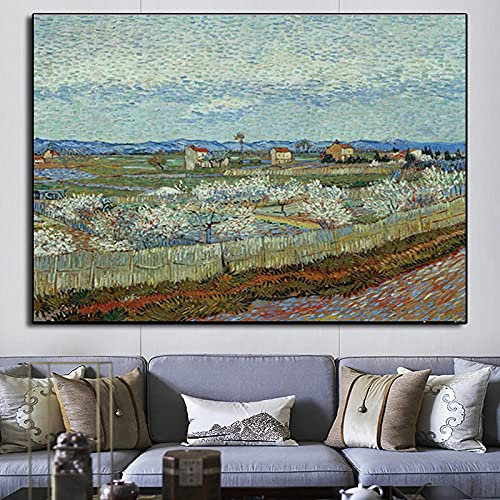 Pfirsichbäume in Blüte Leinwand Gemälde Van Gogh Landschaft Poster und Drucke Wandkunst Bild für Wohnzimmer Wohnkultur 50x75cm Rahmenlos