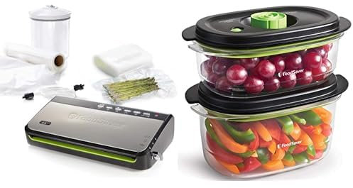 Foodsaver Food Vacuum Sealer Machine with Integrated Roll Storage | Bag Cutter and Delicate Food Mode| FFS005 + FoodSaver Preserve & Marinate Vacuum Containers | 700 ml & 1.2 L | Airtight | 2 Count