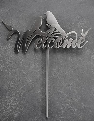 Cosch Edelstahl Deko für den Garten - Edelstahlschild Welcome Schild - Gartendeko in Metalloptik, Gartenstecker aus Edelstahl V2A, Rost Deko für Garten, Terrasse Balkon Blumentopf