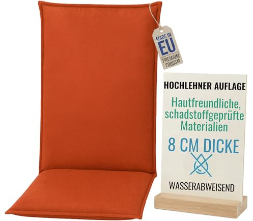 Pillows24 Hochlehner Auflagen 120x50x8cm, Wasserabweisend | Premium-Material 200gsm, Extra dicke Polsterung 8 cm, Sitzauflagen Hochlehner, Sitzkissen Gartenstuhlauflagen, Orange