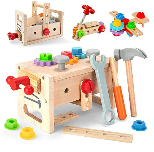 Werkzeugkoffer Kinder Holzwerkzeug DIY Lernspielzeug Holzbaukasten Kinder Spielzeug Werkzeug Geschenk für Jungen Mädchen ab 3 4 5 6+ Jahre, 29 Stück