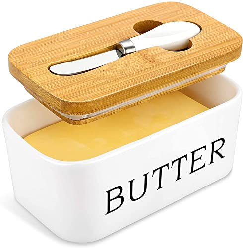 Ceramic Butter Dish with Lid and Knife, 650ML Airtight Butter Keeper with lid, Airtight Butter Dish Butter Holder with Covers, Butter Box Use to Storage Home Made Butter, Nuts and Cheese