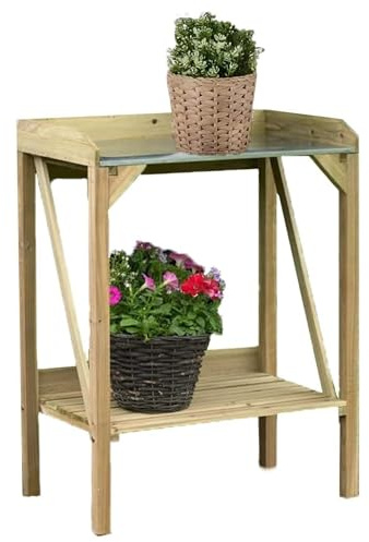 AAMEN Wooden Potting Bench Table, Wooden with Metal Table Top & Shelf, Outdoor Garden Patio Workstation for Backyard Lawn Outdoor