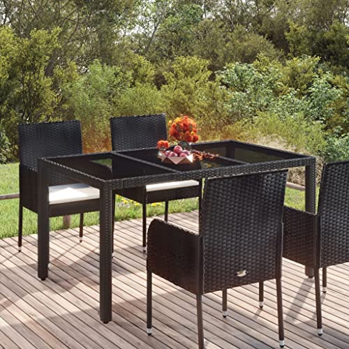 FIRBNUS Gartentisch aus Glas, Schwarz, 150 x 90 x 75 cm, Polyrattan Tisch für den Außenbereich, robust und robust für den Garten der Terrasse, wasserfestes Design