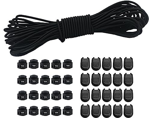 10m Elastische Gummischnur 3mm Elastische Runde Schnur Elastische Dehnbare Schnur Mit 20Pcs Reißverschluss Pull Cord Lock Cord, 20PCS Doppel-Loch Frühling für Rucksack, Schnürsenkel(Schwarz, 3mm*10m)
