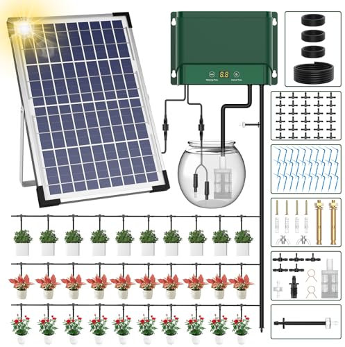 AnseTo Irrigazione Automatica Solare per Sistemi di Irrigazione Automatica per Giardini/Serra/Prato con Kit Irrigazione a Goccia,Sistema Irrigazione Automatica per Vasi/Balcone con 30 Gocciolatore