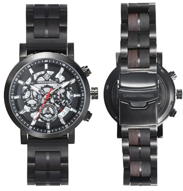 GREENTREEN Herrenuhr Holzuhr Chronograph Wasserdicht 5ATM: Japanisches Quarzwerk und Batterie - Geschenk für Ehemann Vater Sohn zu Weihnachten und Geburtstag – Quarzuhr für Alltag Wandern Joggen
