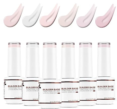 Nicedeco 8 in 1 Builder Base Strengthening Gel, 6x8ml UV/LED Clear Building Nail Gel in a Bottle,for Nails Tips & Extensions, Gel Polish Nail Repair Nail Strengthen KIT7