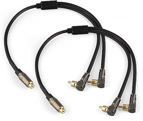 WJSTN Right Angle 2-Male to Straight 1-Female RCA Audio Stereo Subwoofer Cable Speaker Y Adapter Male to Female Subwoofer Extension Cord 2 Pack (1.5FT)