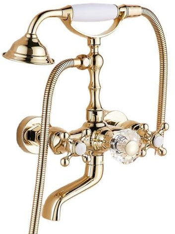 BiaoTeng Badewannenarmatur Mit Handbrause Retro Gold Doppelgriff Wandmontage Heiß oder kalt Messing Wannenarmatur Mit Duschset Wannenarmatur Set