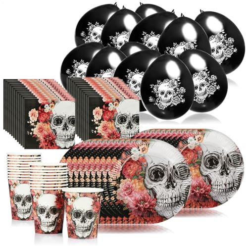 com-four® 76-teiliges Party-Set Dia de los Muertos - Papp-Geschirr, Servietten, Ballons mit Totenkopf - Deko-Set für Halloween, Tag der Toten, Mottoparty oder Kindergeburtstag (Set 6 - 76 Teile)