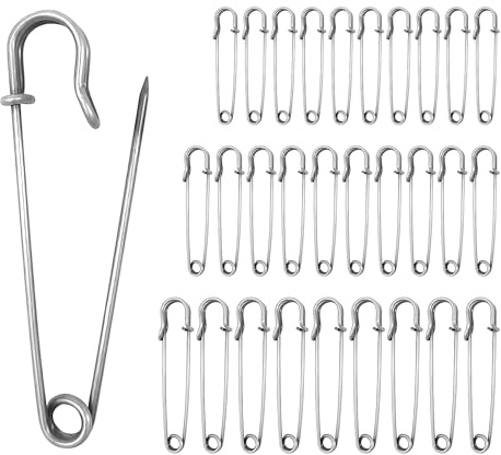 Extragroß Sicherheitsnadel, 30 Stück Heavy Duty Sicherheitsnadel, 50/60/70mm Sicherheitsnadeln Sortiert für Kleidung, Quilten, Kunsthandwerk, Charms, Decken, Röcke, Schal (Silber )