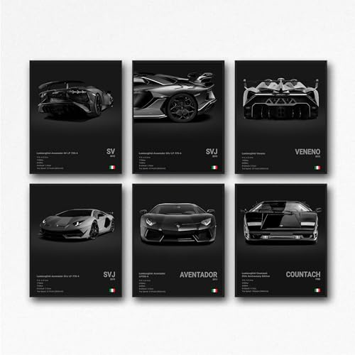 XUPUE Super Car-Poster, Wandkunst für Jungen-Schlafzimmer, Rennwagen, Aventador, SVJ, Veneno, Countitch-Kollektion, Poster, ungerahmt, 20 x 30 cm, 6 Stück