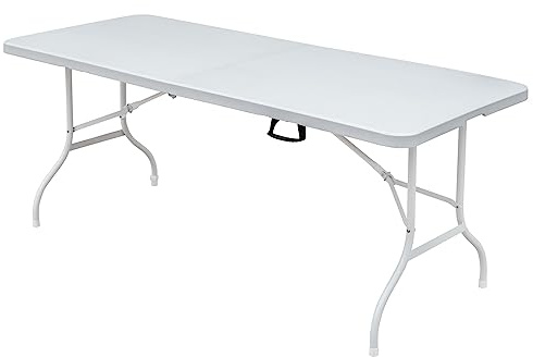 FUNJEPE Tavolo pieghevole in plastica da 1,8 m, portatile, resistente, bianco, pieghevole a metà, per campeggio, feste, giardino, cena, cucina, lavoro, interni ed esterni (1,8 m)