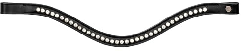 EQUESTRIAN QUEEN Genickstück – Profilierter Nackenriemen aus hochwertigem Leder mit 1-reihigen Strasssteinen, Größen (Pony/Cob/Full) (Schwarz/Silber, Pony)