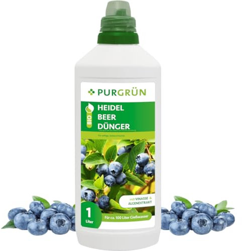 Purgrün® Bio-Heidelbeerdünger 1 Liter – Organische Rezeptur – Premium-Flüssigdünger – NPK 4+1+7 – Mit Algenextrakt & Vinasse – Kalium für aromatische Heidelbeeren – Ohne tierische Inhaltsstoffe