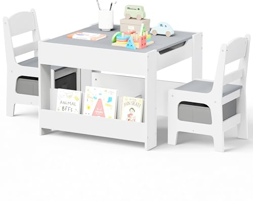 Kinder King Kids Wood Table & 2 Chairs Set, 4 in 1 Children Activity Table w/Double Bookcase, Blackboard, Toddler Furniture Set for Art, Crafts, Drawing, Reading, Playroom, Grey