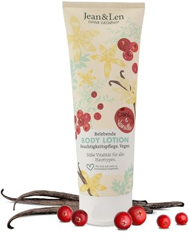 Jean & Len Body Lotion Cranberry & Vanilla, texture leggera, si assorbe rapidamente, adatta a tutti i tipi di pelle, formulazione a pH ideale, senza parabeni e siliconi, vegan, 250 ml