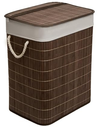 MantraRaj Bamboo Foldable Laundry Basket With Lid 65L Square Hamper Basket with Removable Liner Divided Storage Organizer Washing Baskets for Laundry Bathroom Laundry Bin Storage Box (Dark Brown)