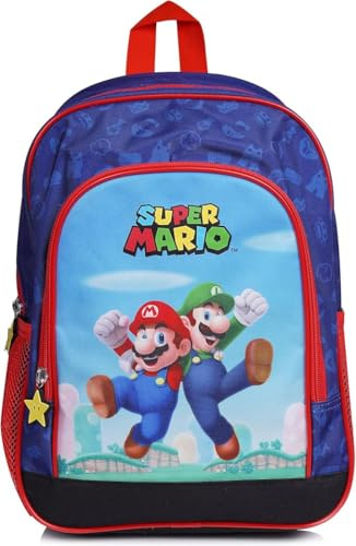 Super Mario Bros. Barnryggsäck - Grundskola CP Skolväska för Pojke och Flicka - Mario Presentidé, Blå, 36x28x12