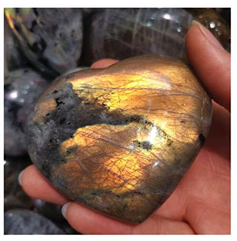 EKFBQBGW Raumdekoration Natürlicher Labradorit, gelb blinkende Quarzkristalle, polierte Liebesherzen, Ornament, kostbare Mineralien, Mondstein, Cabochons, Palmendekoration (Size : 200-250g one)