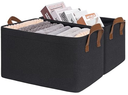 TIMEYARD Aufbewahrungskorb, Aufbewahrungsbox, Korb Aufbewahrung, Schrank Organizer, Korb für Badezimmer, Regal, Schreibtisch, Bad, Wäschekorb Schwarz, Rechteckig, 37L x 26B x 21H cm, 20L x 2, Schwarz