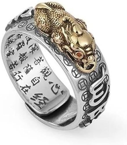 CASOTA Zehenring Feng Shui Pixiu Mantra Ring S925 Silber Buddhistisches Glücksamulett Mantra Doppelter Schutz Reichtum Liebe Gesundheit Ring Geschenk for Männer Frauen,Gold,Verstellbar(55mm)