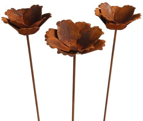 Manufaktur Lichtbogen 3er Set Rost Gartenstecker Mohn offen 74 cm hoch