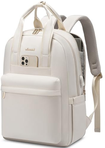 LOVEVOOK Rucksack Damen Elegant, 15,6 Zoll Laptop Schulrucksack Teenager Mädchen mit Laptopfach, Wasserdicht Daypack Schultasche Lehrertasche für Schule Uni Reisen Arbeit, Cremefarben