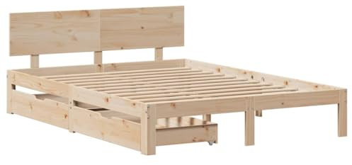 vidaXL Massivholzbett, Holzbett Bett mit Schubladen Kopfteil, Bettgestell mit Lattenrost, Doppelbett für Schlafzimmer, 140x200cm Kiefer