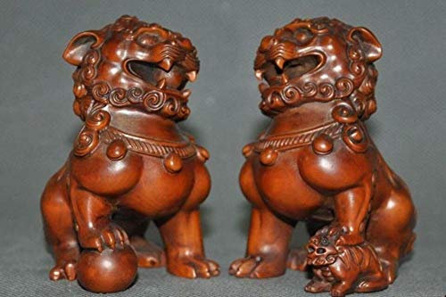 XDAWQP Estatuas Y Figuritas Adornos De Madera De Boj Tallado A Mano Auspicioso Fengshui León Bestia Perro Foo Animal Un Par，