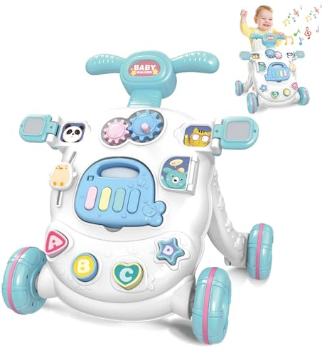 KalaDuck Lauflernhilfe Baby ab 6 Monate, Lauflernwagen mit Multifunktionale Aktivitätszentren, Höhenverstellbarer Schiebe und Ziehspielzeug, Musikalisches Baby Lernspielzeug Geschenk (Blau)