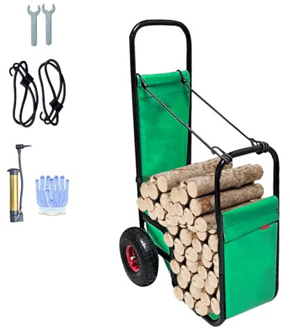 ANDGOAL Firewood Cart with Wheels - Heavy Duty Alloy Steel Log Rack Wood Carrier Dolly for Indoor Fireplace Outdoor Fire Pit Storage Green
