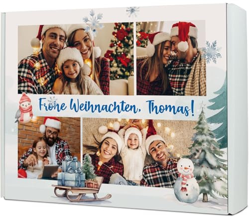 GRAVURZEILE – DIY Geschenkbox zum Selbstbefüllen - Fotocollage mit 4 Fotos - Personalisiert mit Foto - Persönliche Geschenkbox zu Weihnachten - Einzigartige Geschenkverpackung - 35,5 x 28 x 10 cm