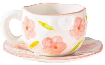 Duroecsain Taza linda de flores pintadas a mano, taza de café de cerámica con juego de platillo, Taza de café de forma irregular, Juegos de tazas de café con flores, Diseño lindo y