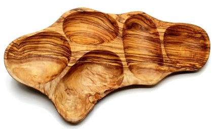 DAGDEG Plato para aperitivos de madera de olivo, 5 compartimentos, cuencos para aperitivos y cuencos para salsas, platos de madera, plato para aperitivos, hecho a mano