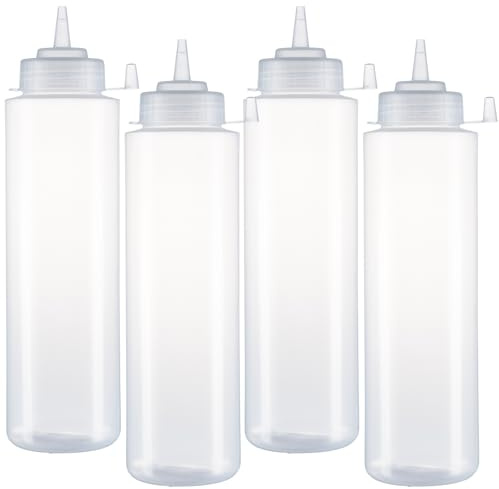 HR Hogar - Botella de Salsas Exprimible - 4 Piezas de 1L - Hecho en España - Dispensadores Reutilizables y Reciclables - Biberón de Cocina Sin BPA con Tapón Antifugas Sin Goteo (Transparente)