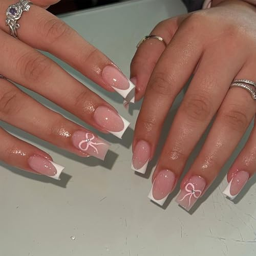 French Tip Nails - 24pcs Medium Square False Nail Tips - 12 Sizes Pink French Fake Nails with Glue - Glossy Full Cover Stick on Nail with Bow Patterns for Women Girls