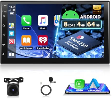 Motorsi 8 Núcleo 1.8GHz 4+64G Qualcomm Chipset 2 DIN Autoradio, 7 Kabelloses Carplay/Android Auto Pantalla Táctil Car Stereo con GPS/WiFi/Bluetooth/SWC/FM/RDS/DSP/USB Radio Receptor+Cámara Trasera