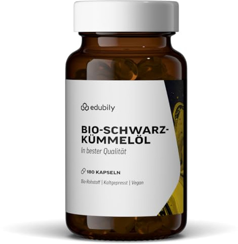 edubily® Bio-Schwarzkümmelöl Kapseln - aus kontrolliert ökologischem Anbau für die bewusste Alltagsroutine - kaltgepresstes Bio-Schwarzkümmelöl (500 mg pro Kapsel) - 2-6 täglich (180 Kapseln, vegan)