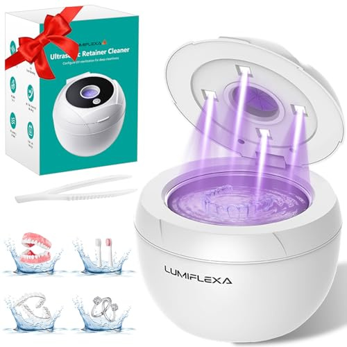 Lumiflexa Limpiador Ultrasonidos, 45KHz Limpiador Ultrasónico con 4 luces UV & con 4 programas, 200 ml, Maquina de Ultrasonido Para Dentaduras Postizas, Alineadores, Retenedores, Joyas (Blanco)