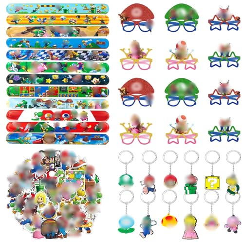 Sidesea 86 Stück Party Mitgebsel Kindergeburtstag, Party Gastgeschenk Mit 12 Slapbands 50 Aufkleber 12 Gläser Und 12 Schlüsselschnalle, Mitgebsel Geburtstagsdeko Kleinigkeiten Für Kinder