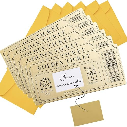 Uncle Yang Goldenes Ticket Rubbelkarten Set – 6 Stück DIY Gutschein Karten mit Umschlägen und Rubbeletiketten, Einzigartige Einladungskarten für Geburtstag, Valentinstag, Party, Dankeskarte